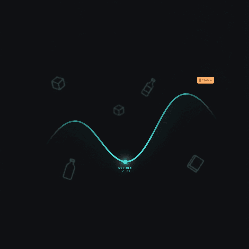 Curva de histórico de preço com ponto de bom negócio destacado em ciano — abb