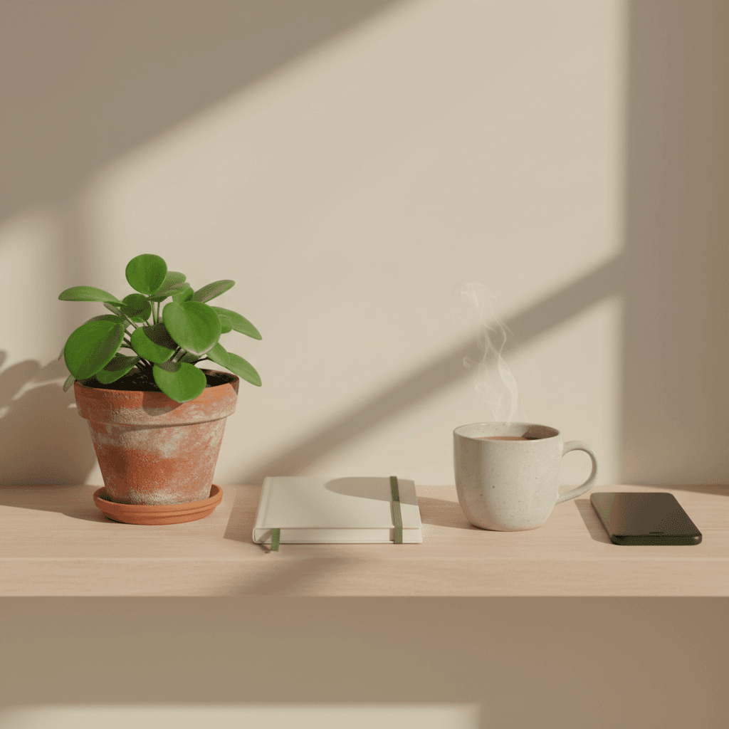 Still life doméstica com vaso de pilea, caderno fechado e xícara cerâmica em luz natural — Casa em Ordem