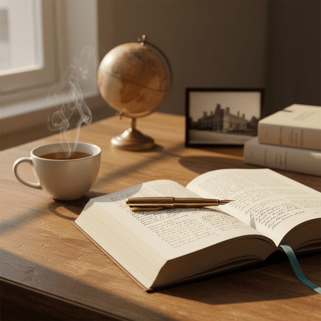 Still life acadêmico com livro aberto, caneta-tinteiro e xícara de chá em luz dourada — Curso de Inglês Cristina