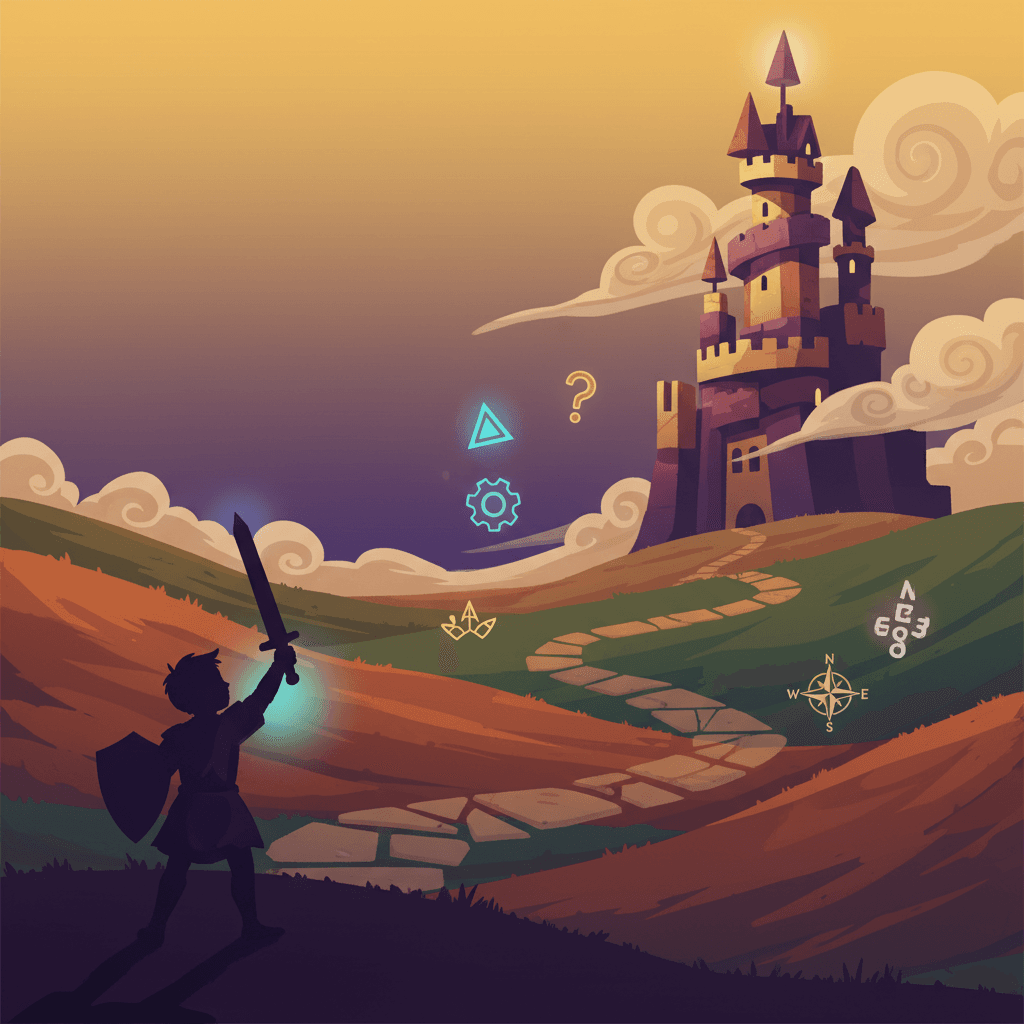 Pequeno escudeiro em silhueta heroica diante de castelo medieval estilizado em pôr do sol painterly — Escudeiro do Castelo