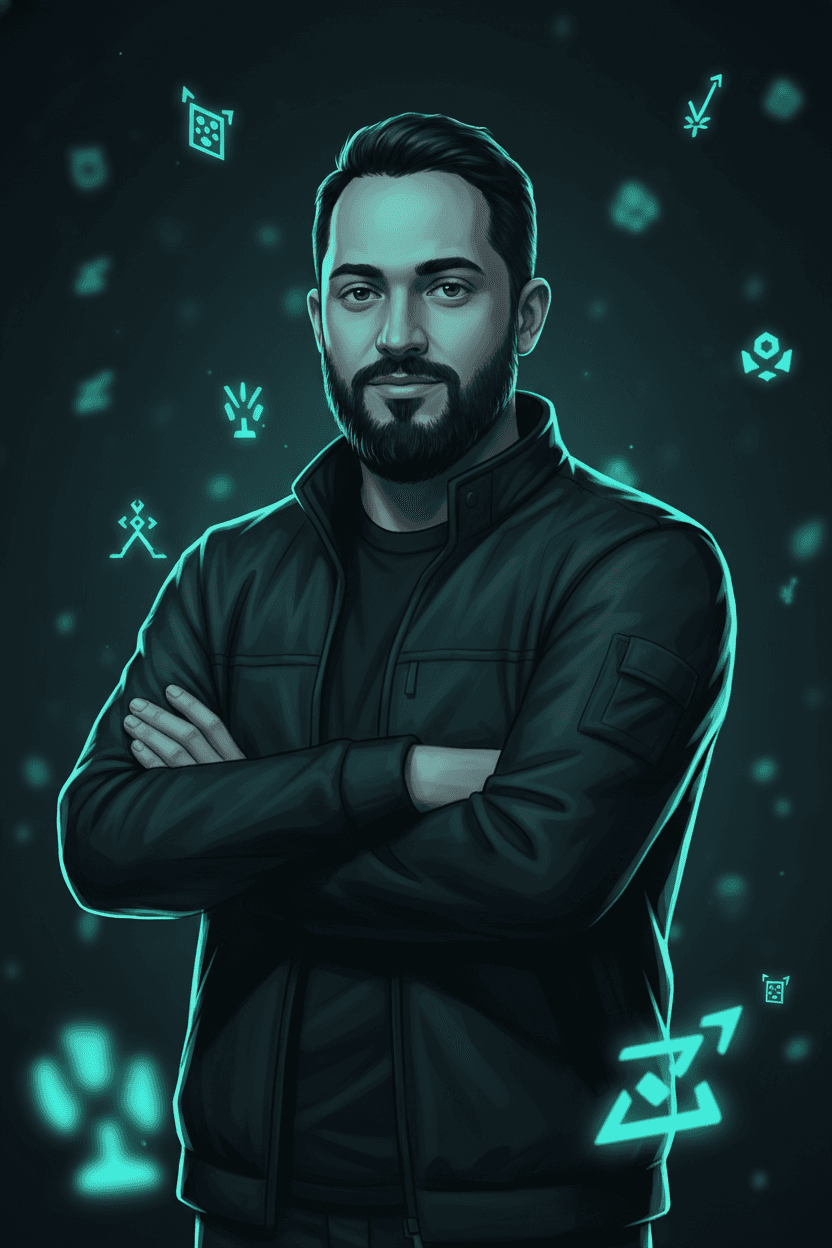 Splash art ilustrado do JooW como coach de eSports, braços cruzados, atmosfera cyan com ícones táticos flutuantes
