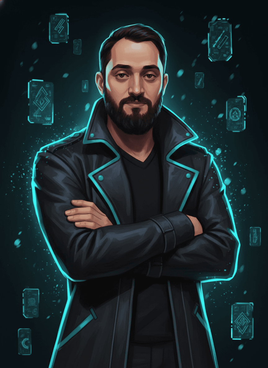 Splash art ilustrado do JooW como personagem de MOBA, jaqueta tática escura com detalhes cyan, postura confiante com braços cruzados