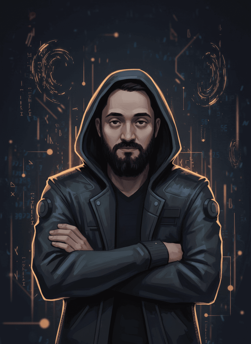 Ilustração estilo Arcane do JooW como dev solo, segurando tablet, cercado por circuitos amber holográficos