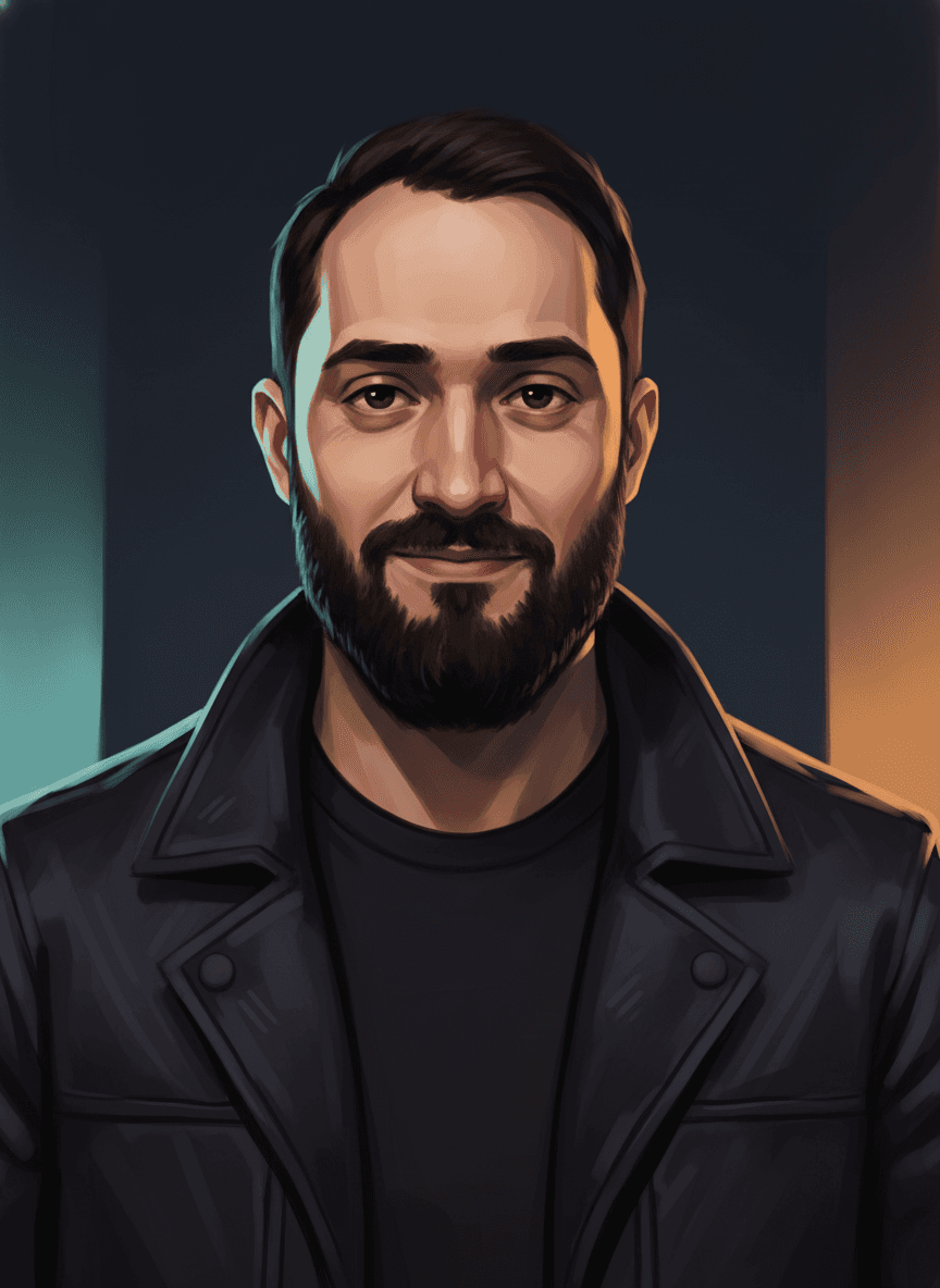 Retrato editorial ilustrado do JooW em estilo splash art, olhar direto, tratamento IA