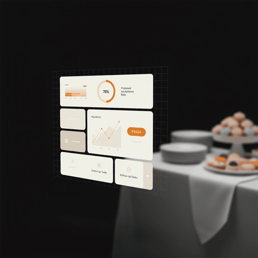 Dashboard B2B com KPIs flutuando sobre obsidian e bokeh de buffet brasileiro — Revenue OS BR