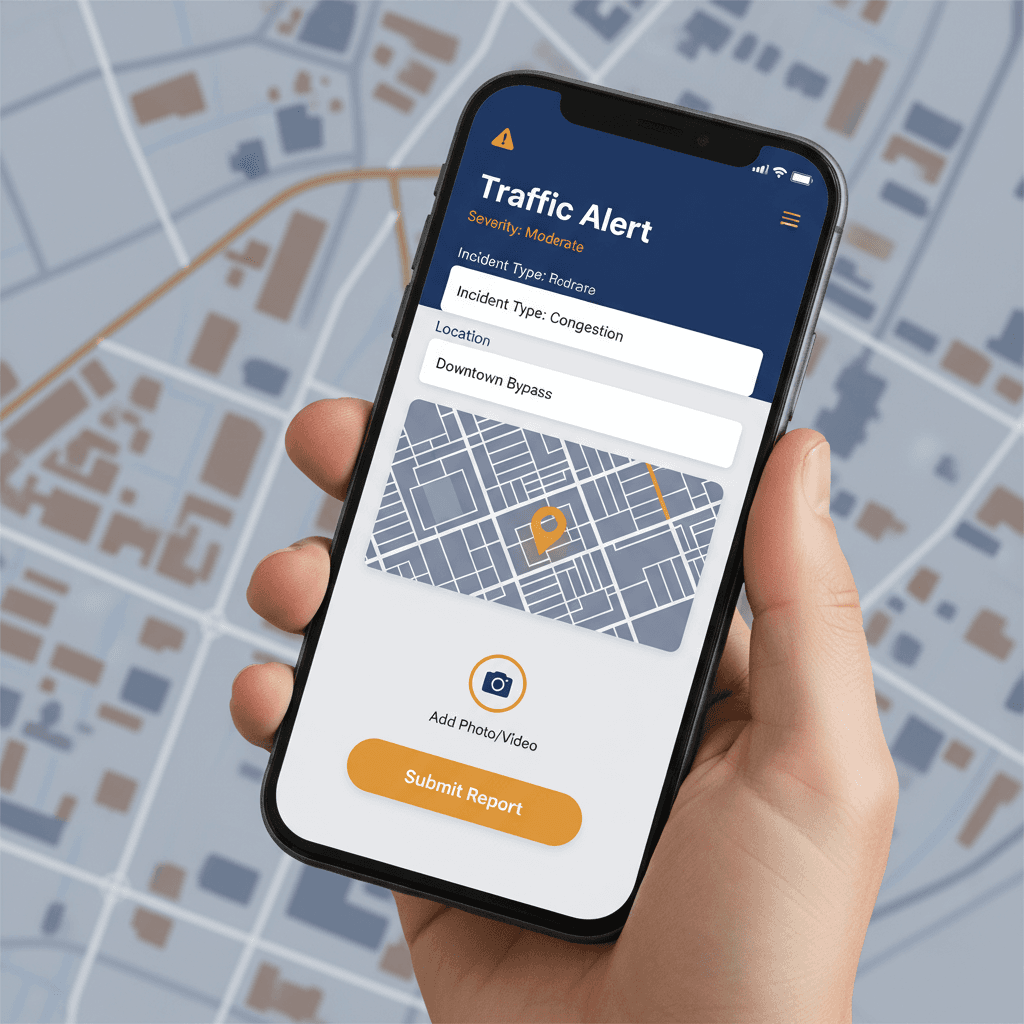 UI mobile civic tech em azul institucional com accent âmbar — Trânsito
