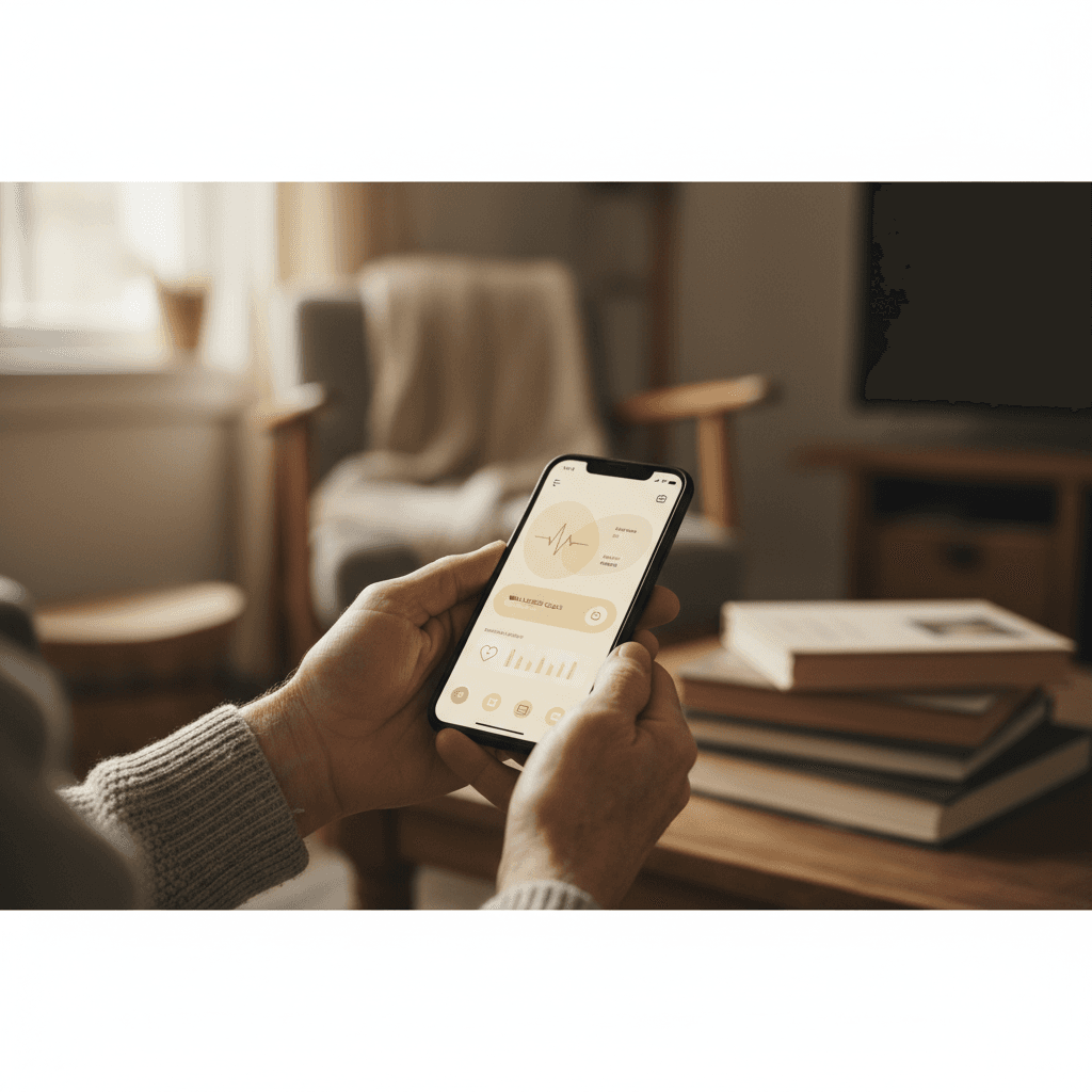 Mockup de dispositivo Android em ambiente acolhedor com paleta quente — SêniorHelp