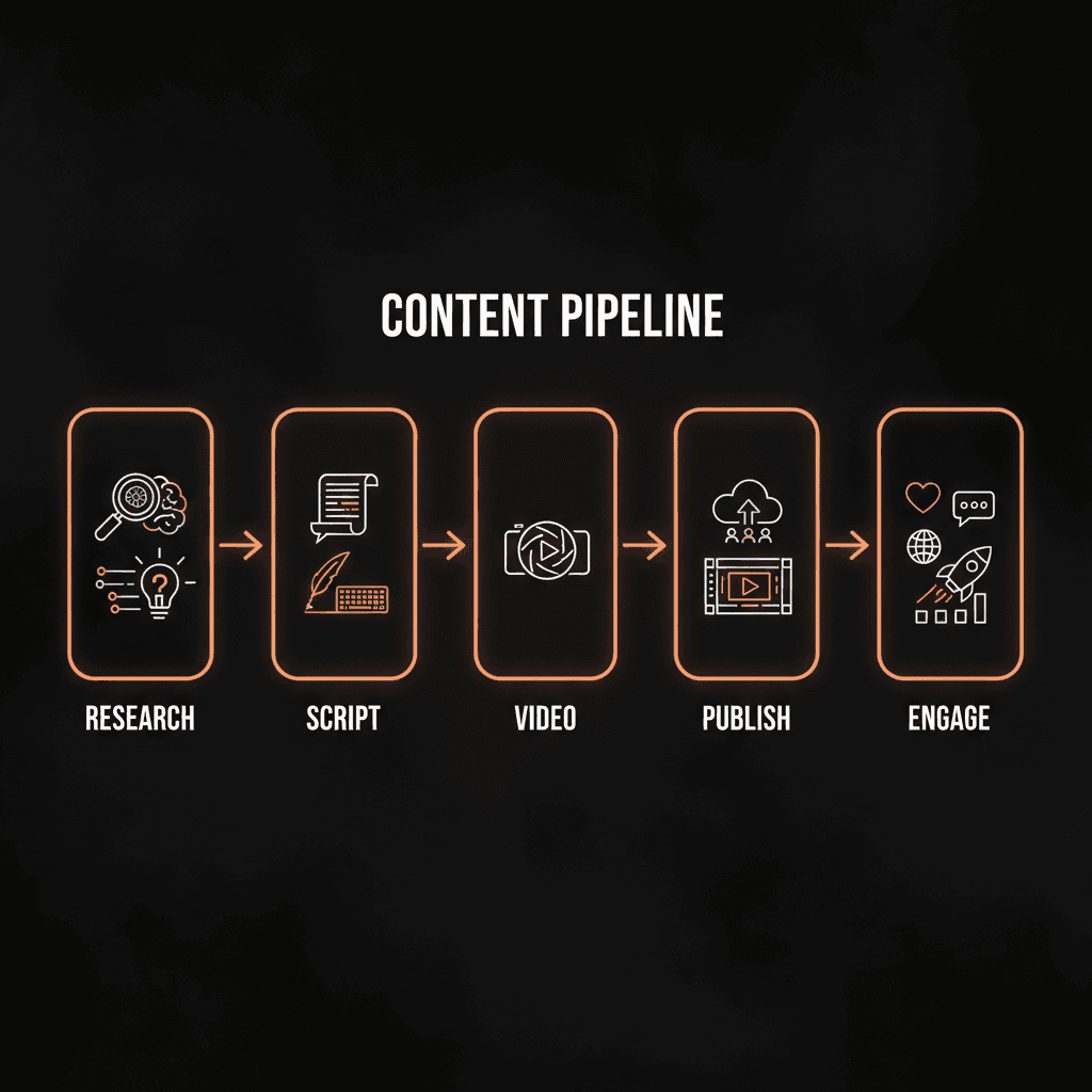 Pipeline visual com glyphs verticais 9:16 representando roteiro, vídeo e publicação — TikTok Agency