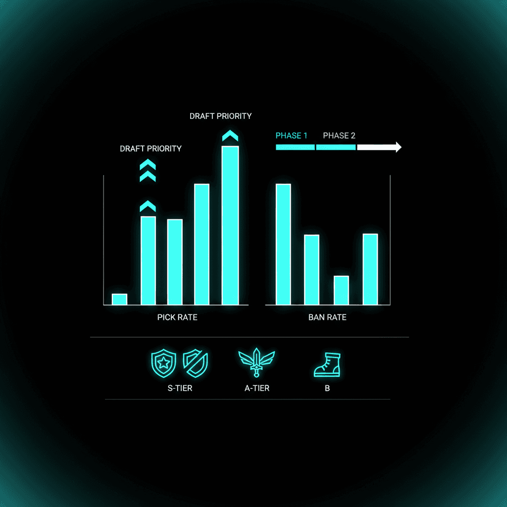 Dashboard abstrato com barras estilizadas de pickrate e banrate em paleta cyan — Wild Rift Meta